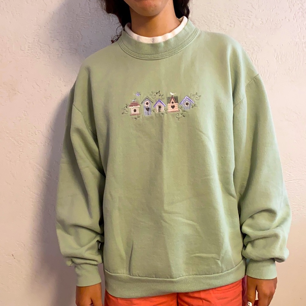 Green Bird design Top Stitch Crew Neck Sweater